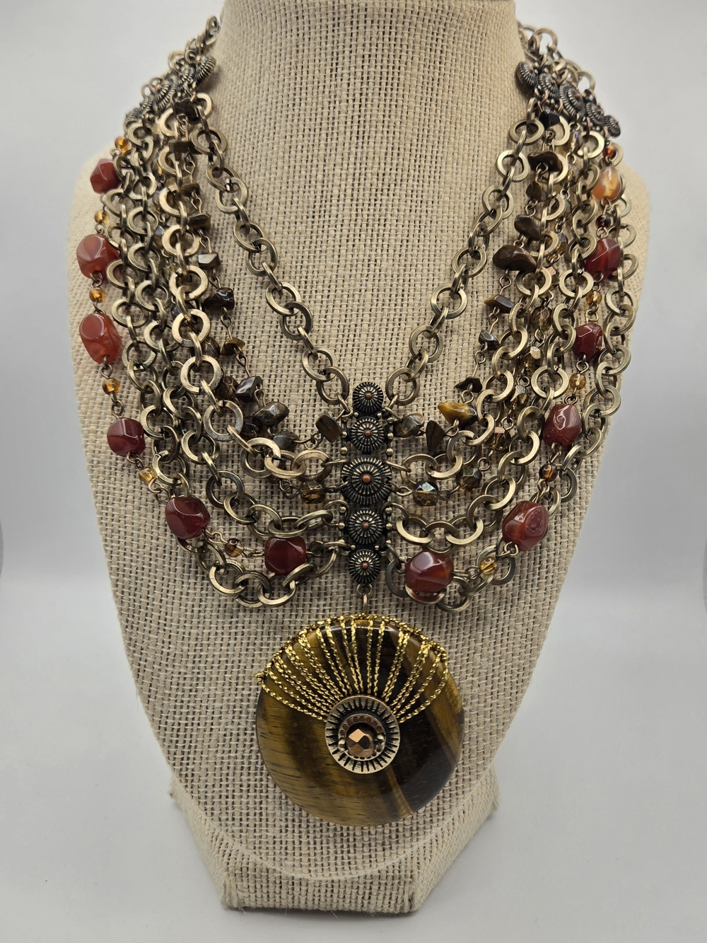 Vintage Chico's Multi-Strand Gold-Tone Tiger's Eye Necklace Natural Stones Bold